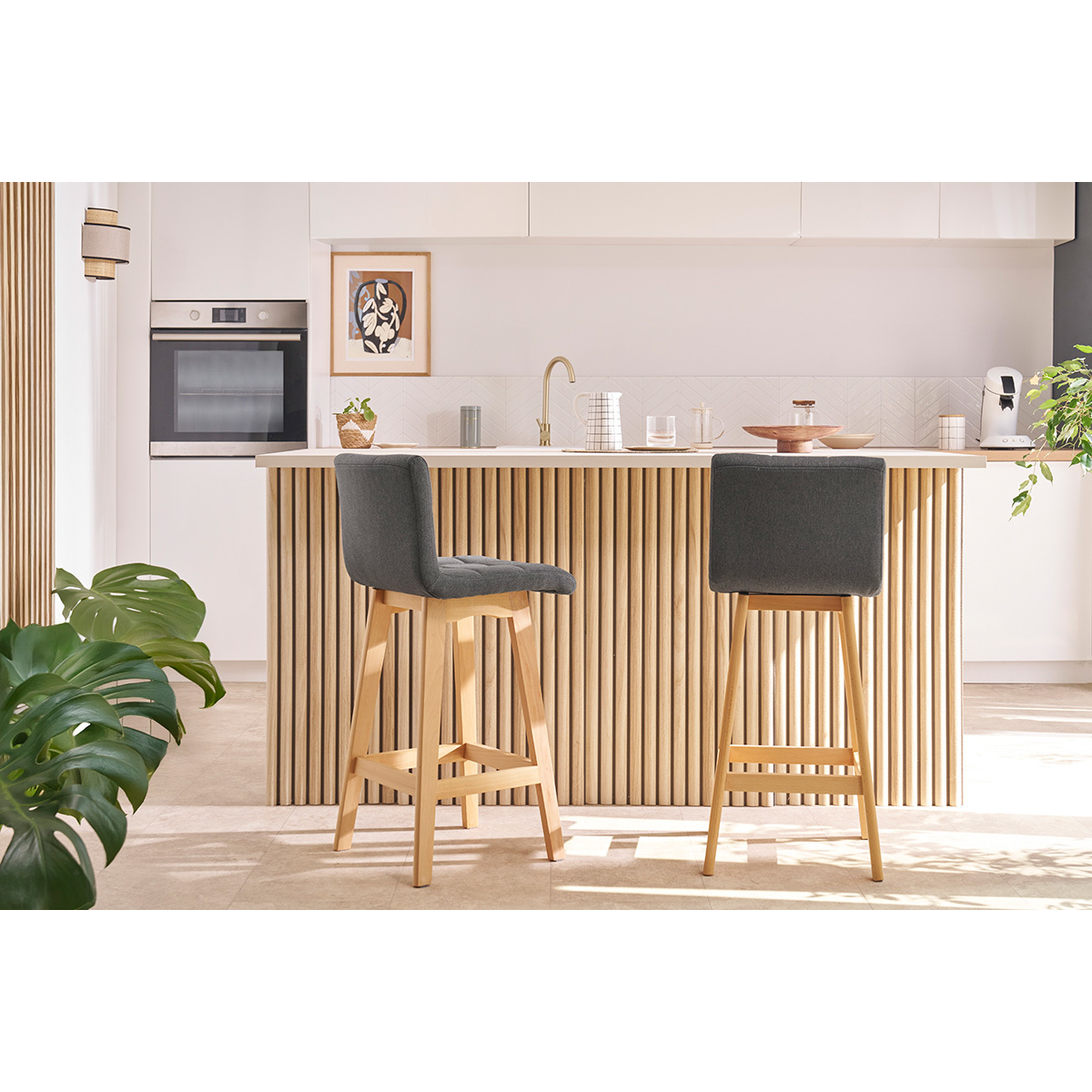 Tabourets de bar design pieds bois H65 cm (lot de 2) KLARIS gris perle, MILIBOO