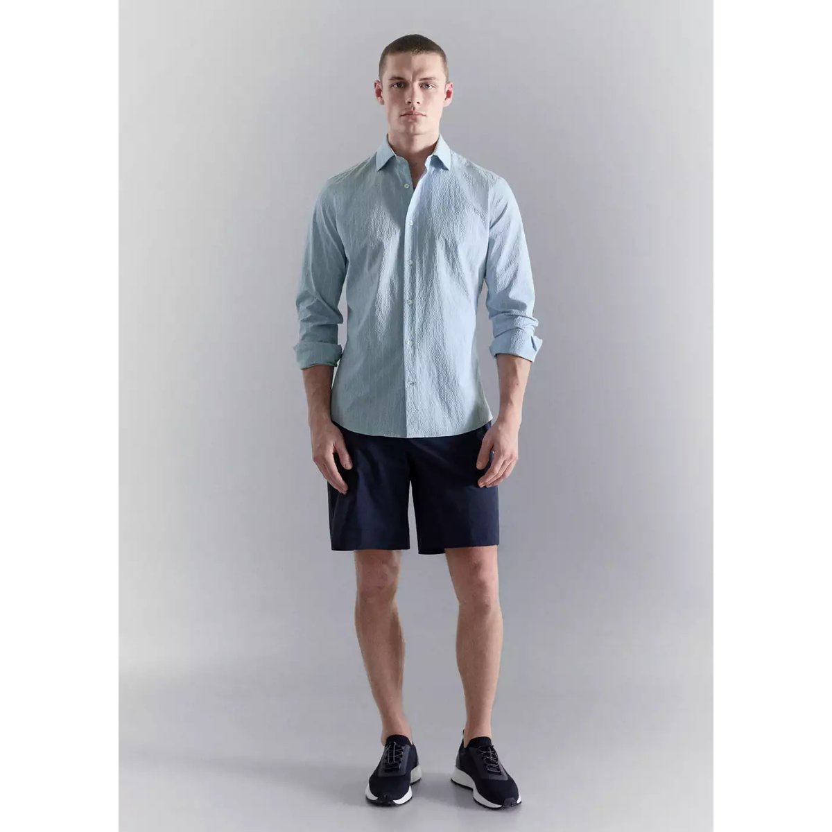 Chemise rayures tennis effet froissé bleu ciel, MANGO MAN