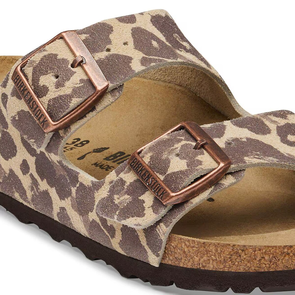 Mules doubles brides en cuir suédé Arizona Rivet imprimé léopard, BIRKENSTOCK