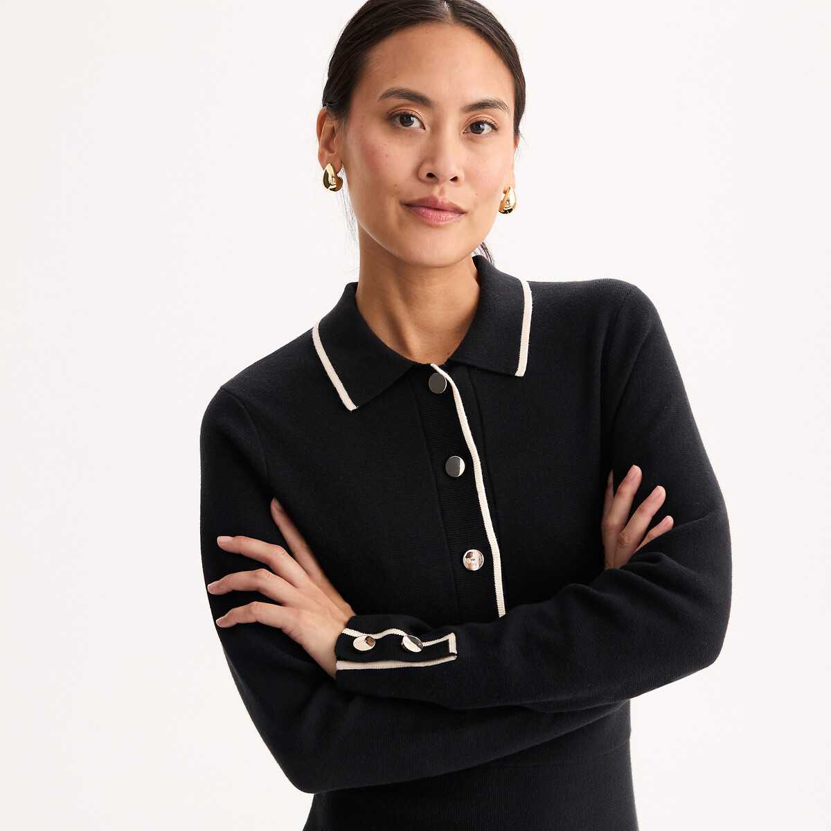 Robe à col polo longueur midi manches longues noir/écru, ANNE WEYBURN