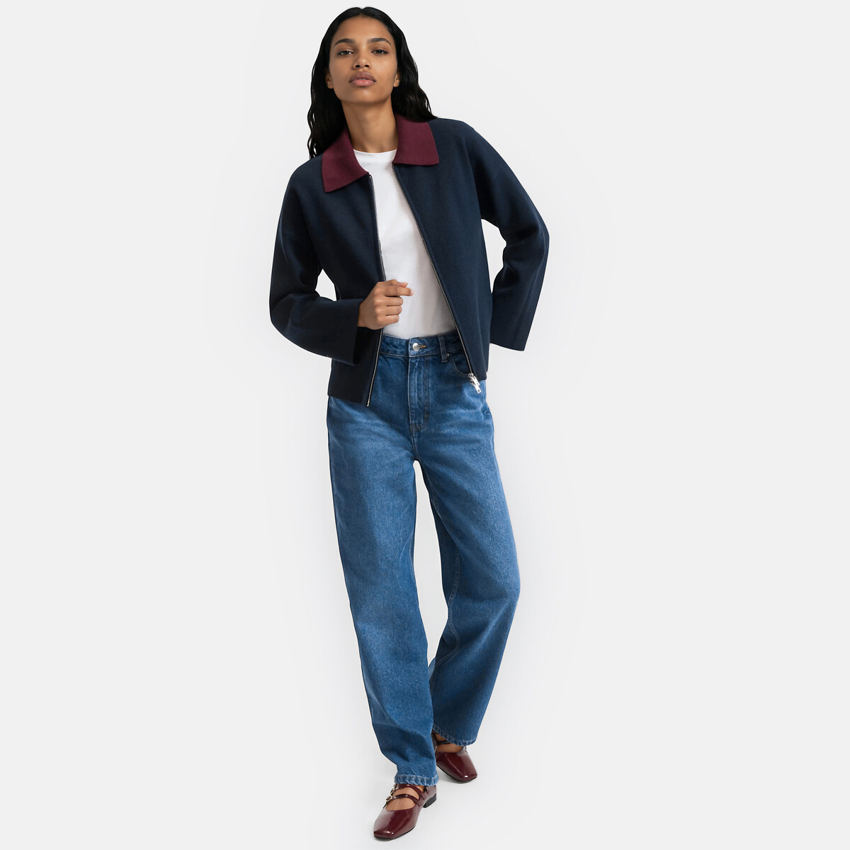 Contrasting Polo Collar Zipped Cardigan navy blue, LA REDOUTE COLLECTIONS