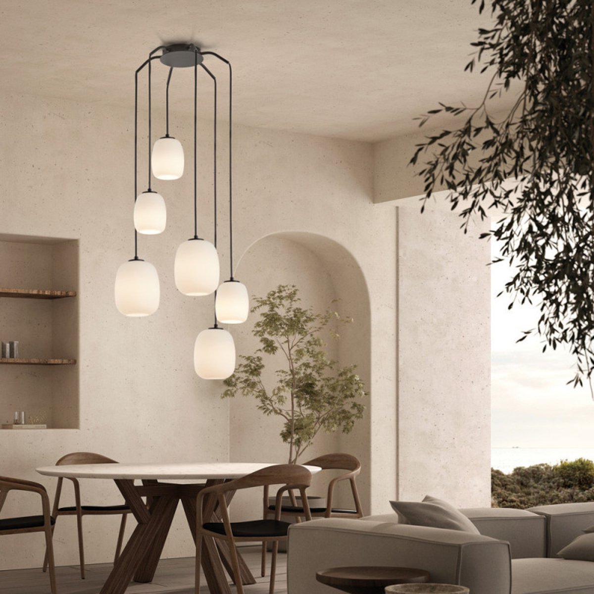 Grande suspension 6 lampes verre opale Jap noir noir, MILLUMINE