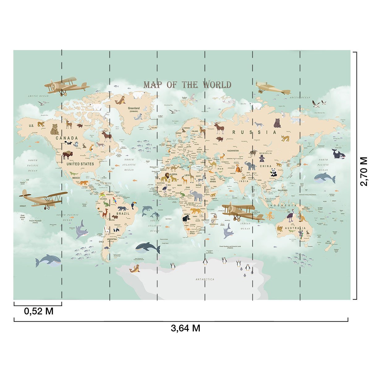 Papier peint enfant carte du monde avions intissé, HEXOA