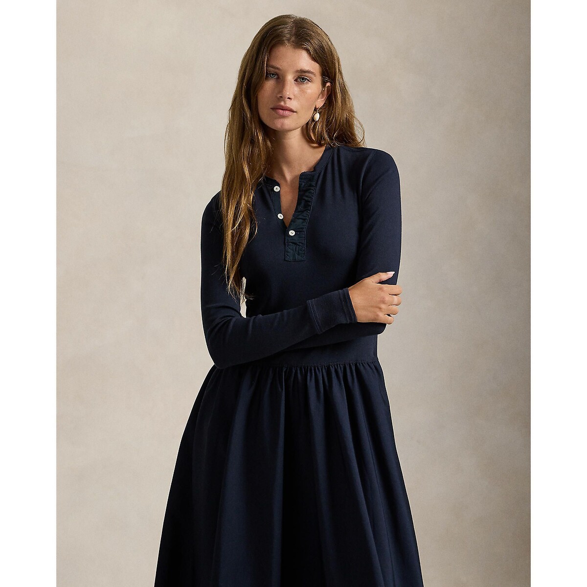 Robe longue évasée à manches longues marine, POLO RALPH LAUREN
