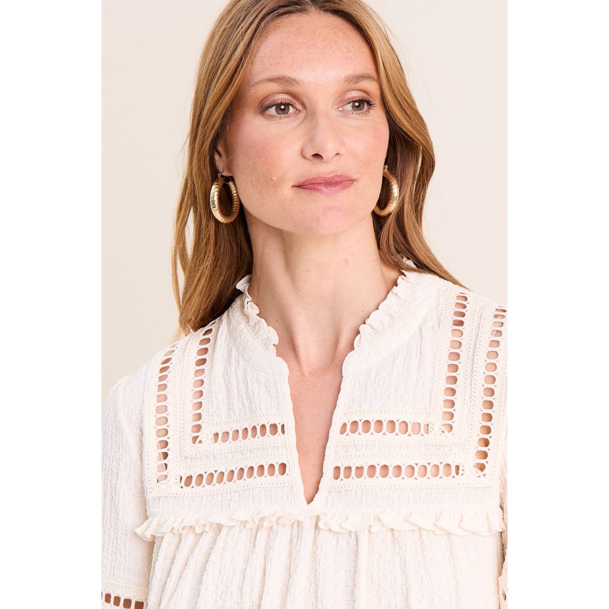 Blouse col v manches longues ecru, BREAL