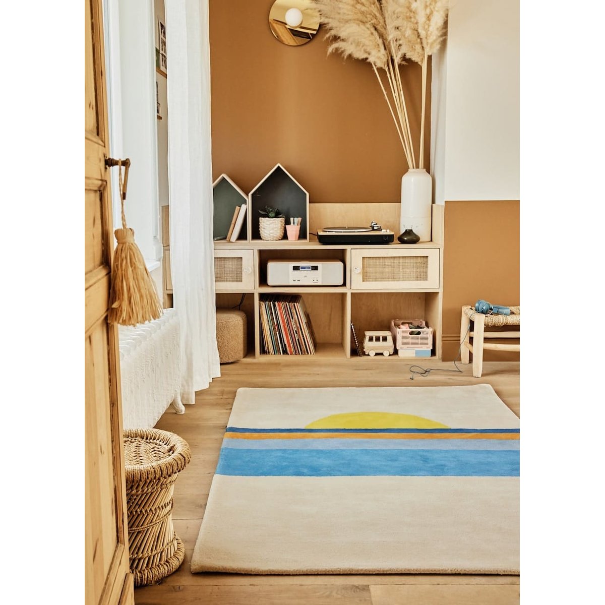Tapis enfant rectangulaire épais, Coton bio GOTS, SUNSET bleu, BLEUU STUDIO