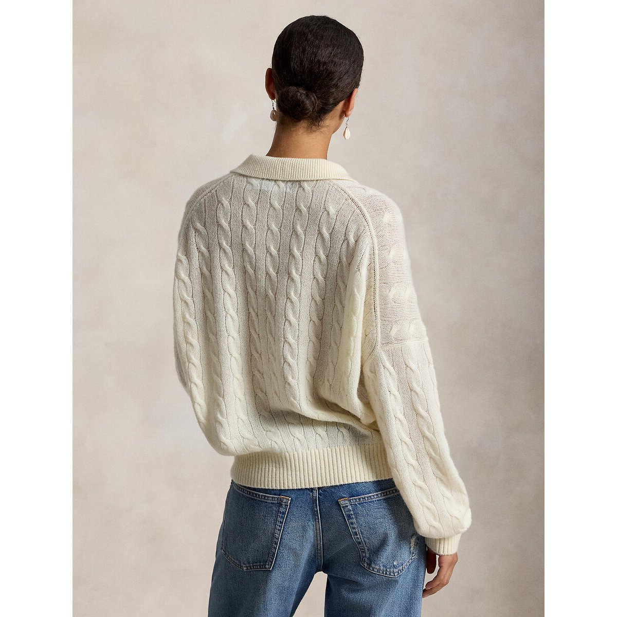 Pull col polo torsadé, 90% laine 10% cachemire crème, POLO RALPH LAUREN