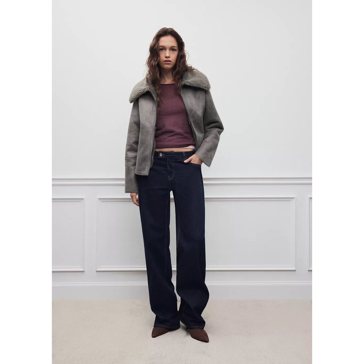 Manteau oversize imitation mouton retourné gris, MANGO TEEN