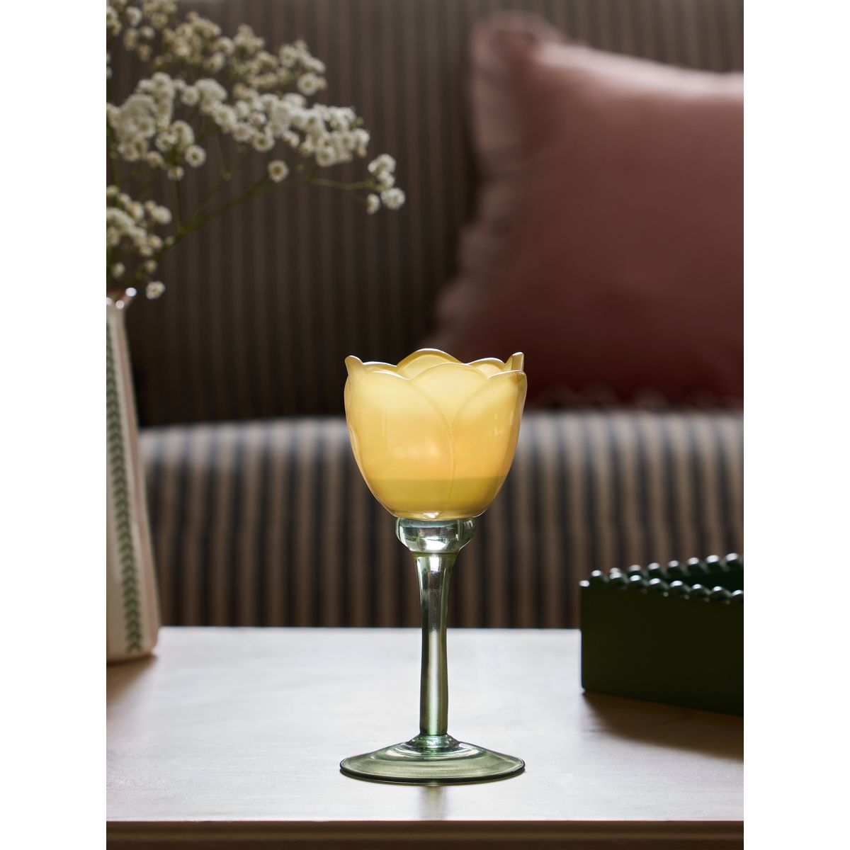 Porte-bougie chauffe-plat fleur en verre jaune, NEXT