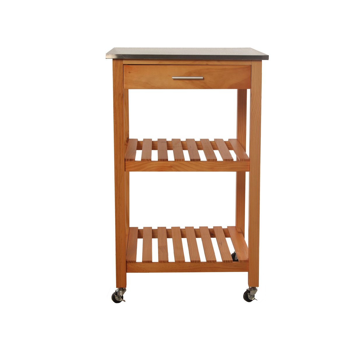 Desserte de Cuisine sur Roulettes en Bois Plateau Inox 1 Tiroir + 2 Étagères bois, WADIGA