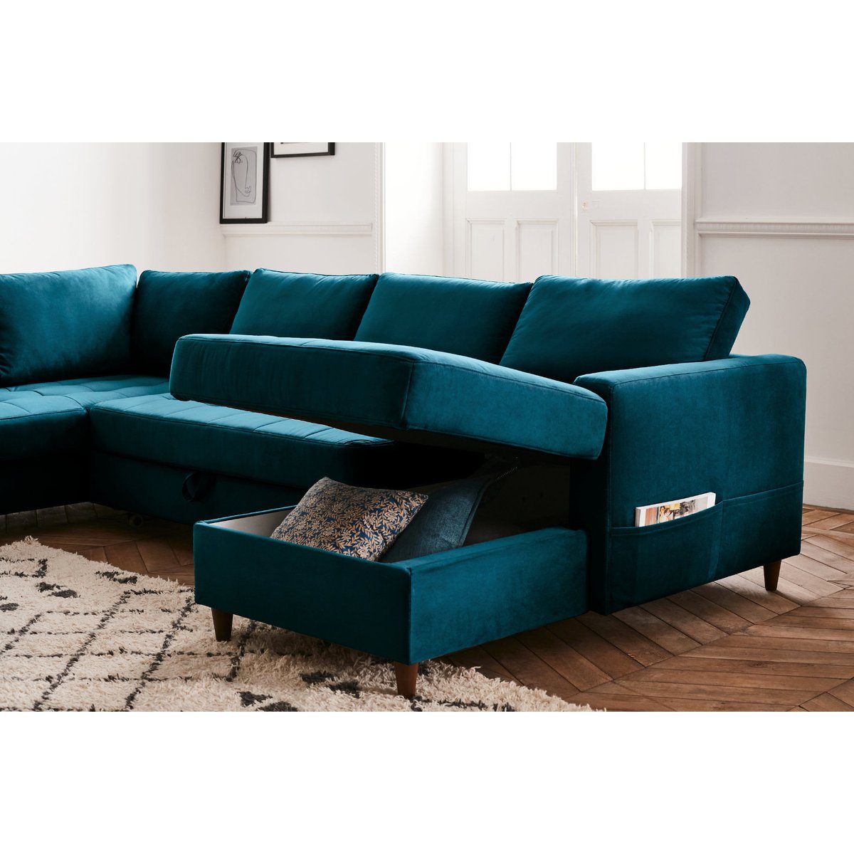 Canapé d'Angle Convertible 7 places - ANNA bleu canard, BEST MOBILIER