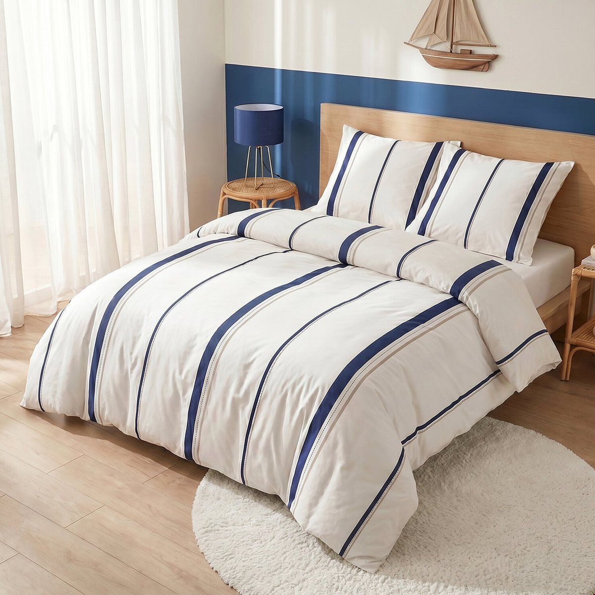 Parure housse de couette imprimée rayures bleu en coton, LORD multicolore, ATELIER DU COTON
