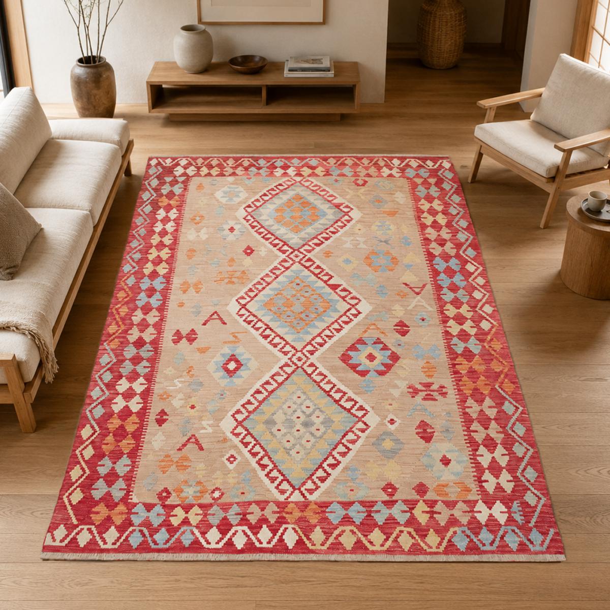 Tapis kilim à motif géométrique, tissé à plat en laine, KILIM 93 multicolore, beige, rouge, UN AMOUR DE TAPIS