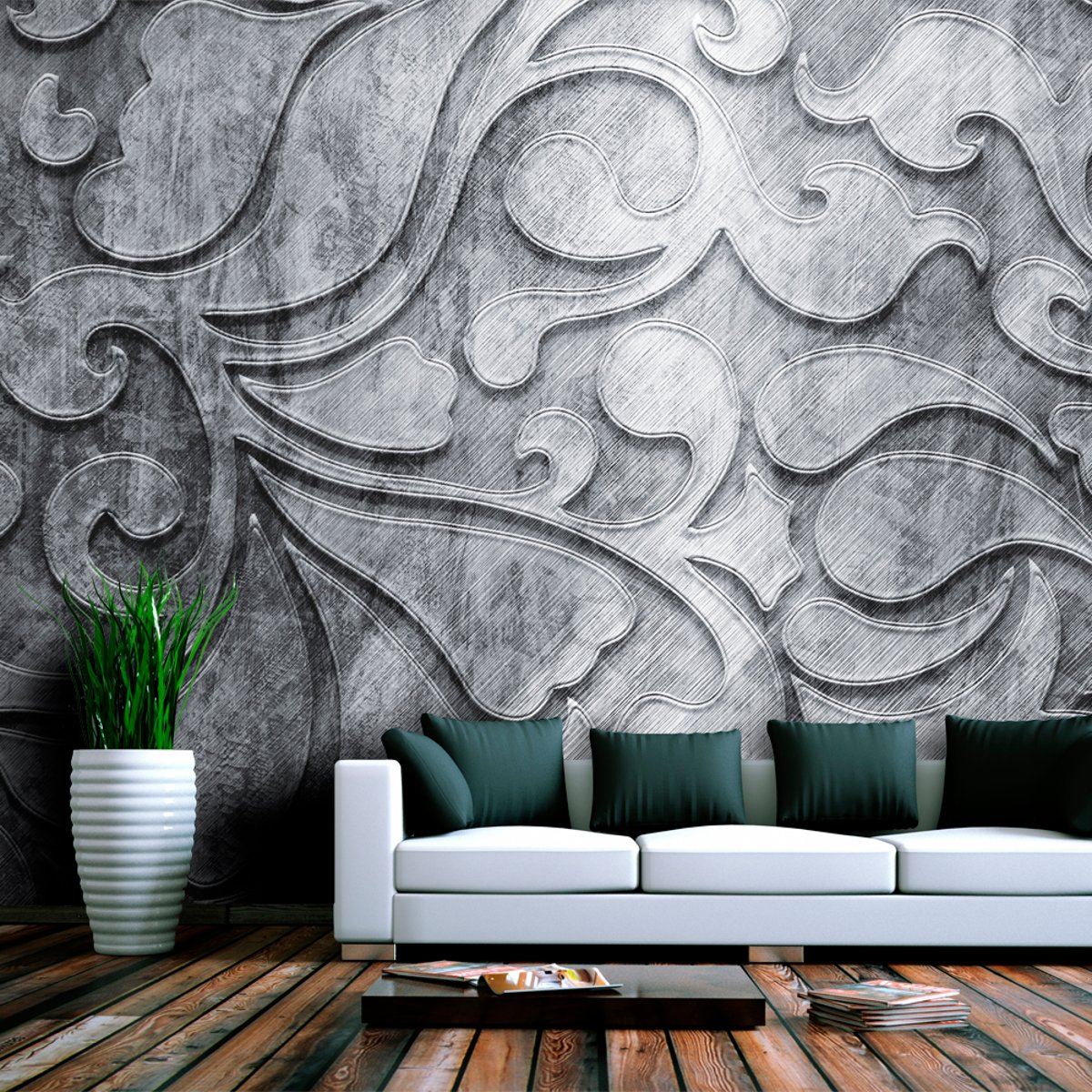 Papier peint intissé panoramique Fond argenté avec motif floral noir, EDEN