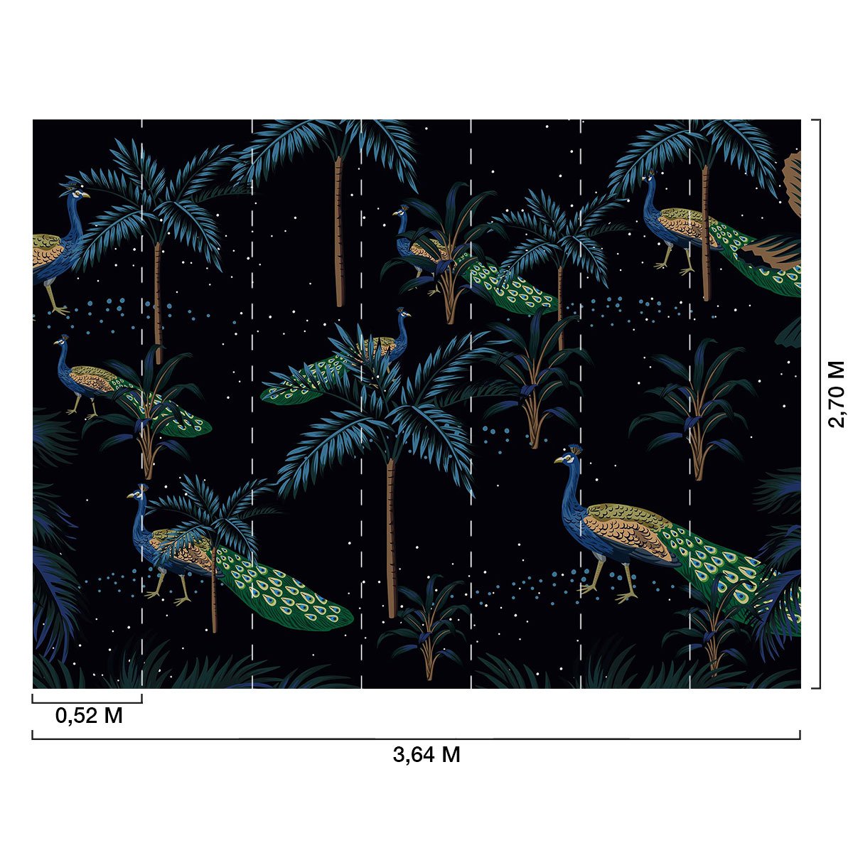 Papier peint panoramique feuilles art deco bleu paon intissé, HEXOA
