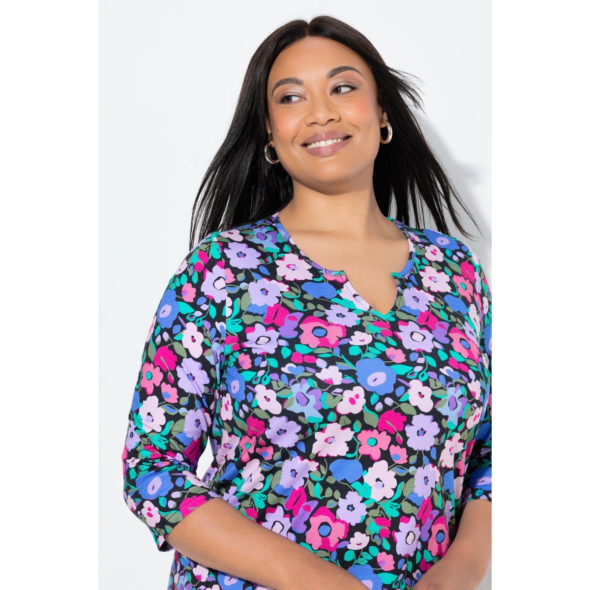 T-shirt long, col tunisien et manches 3/4 noir, ULLA POPKEN