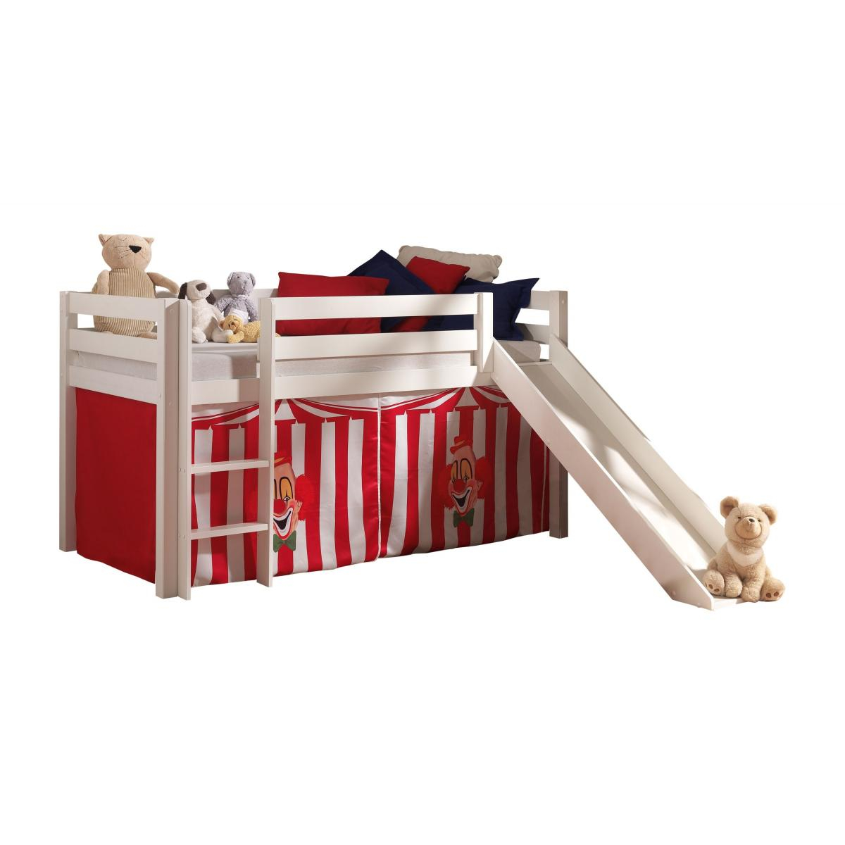 PINO Lit mezzanine avec toboggan pin massif + Rideau de lit Chucky couleur unique, VIPACK