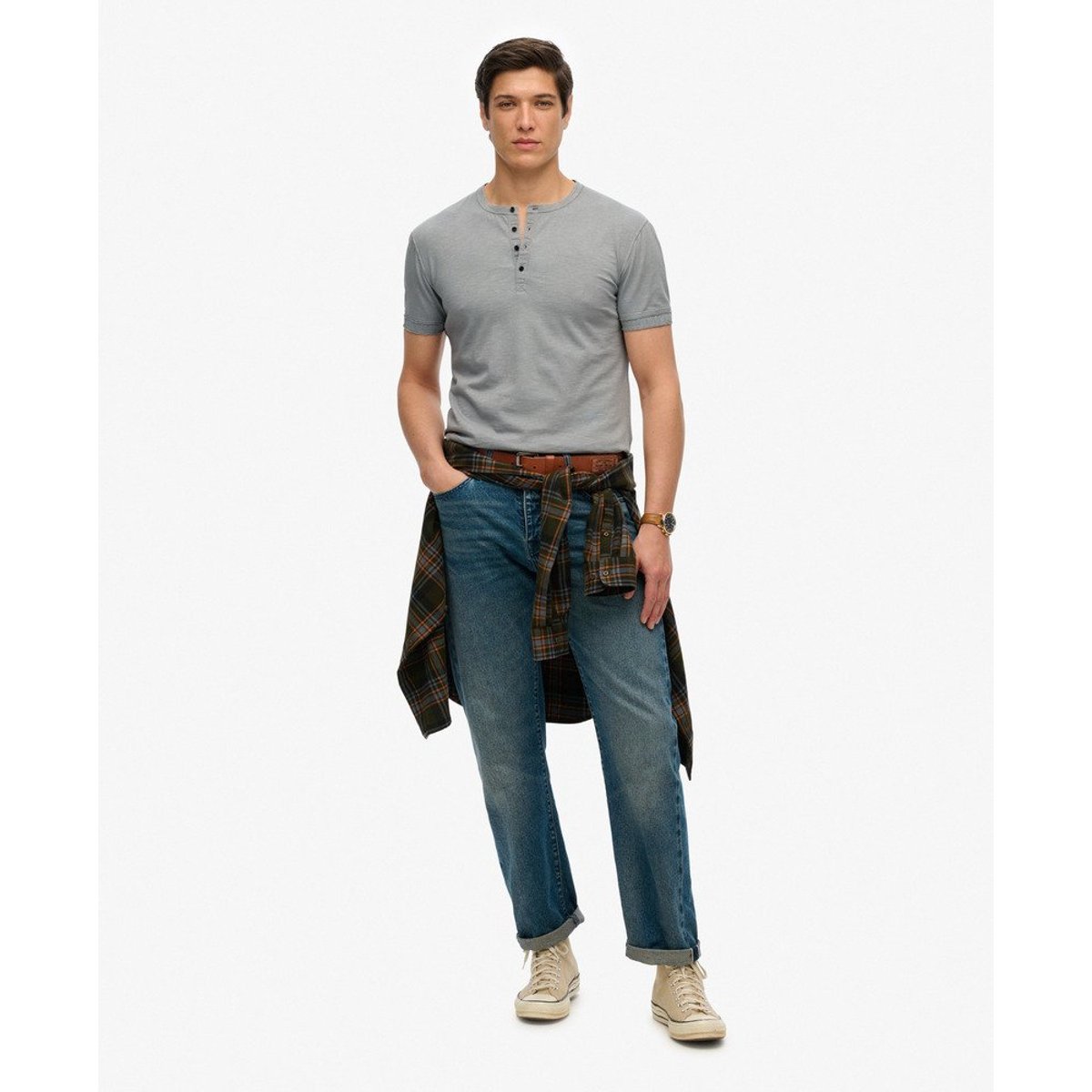 T-shirt Henley Jersey à Manches Courtes gris acier, SUPERDRY