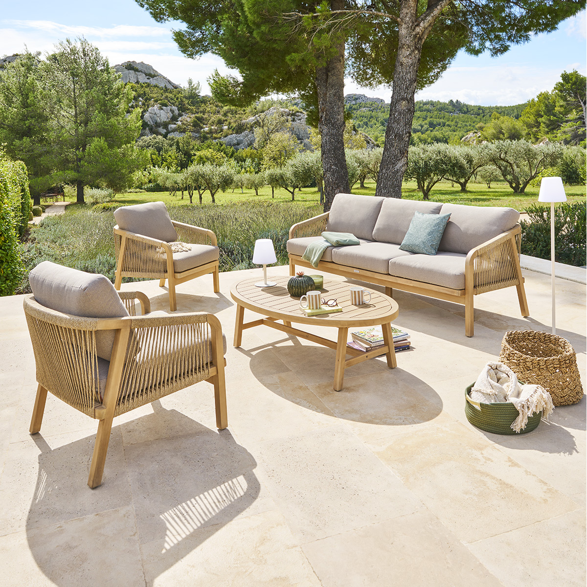 Salon de jardin 5 places en bois d'acacia PAPOUASIE beige, HESPERIDE