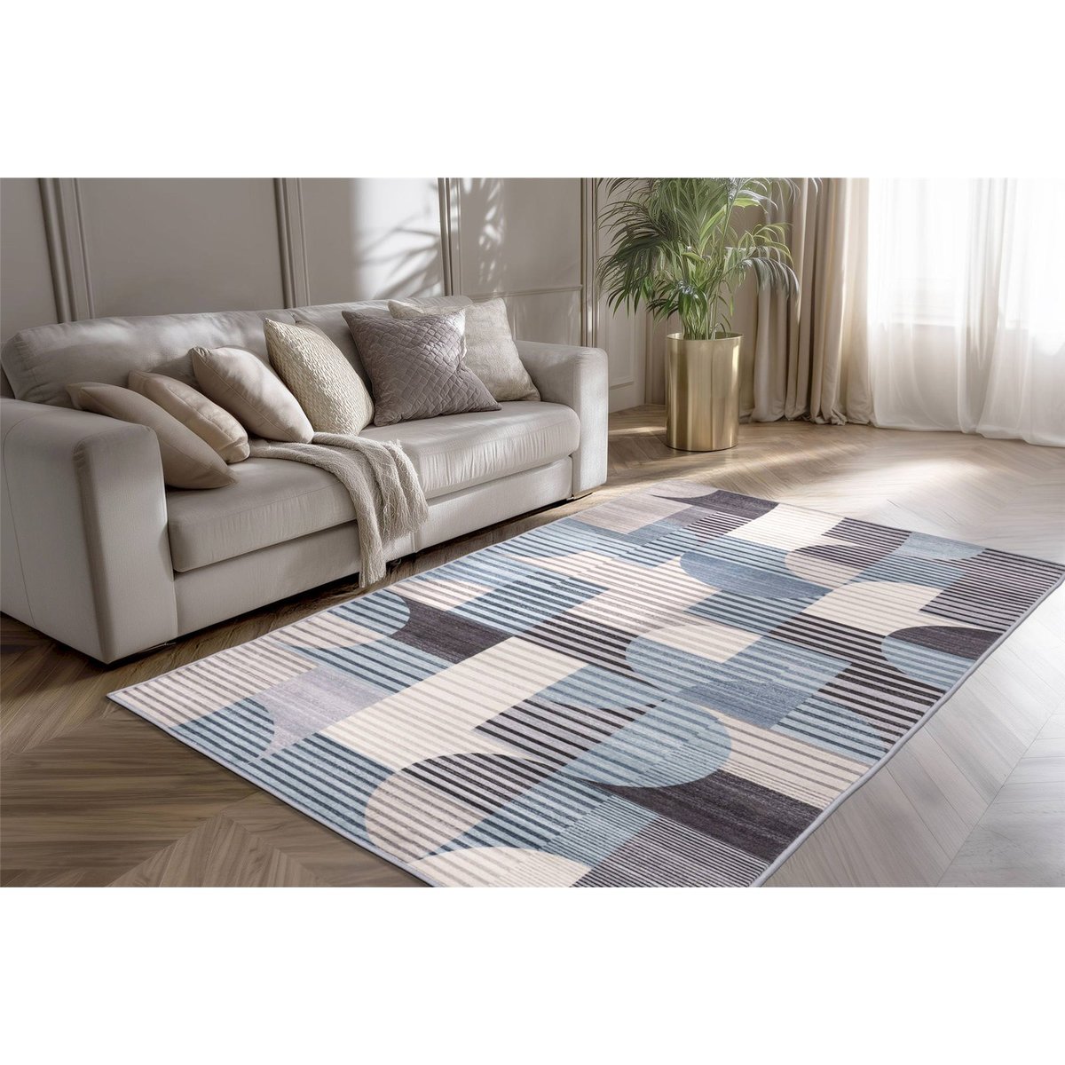 Tapis rectangulaire à motif géométrique bleu acier à motifs gris et noir, ARTE ESPINA