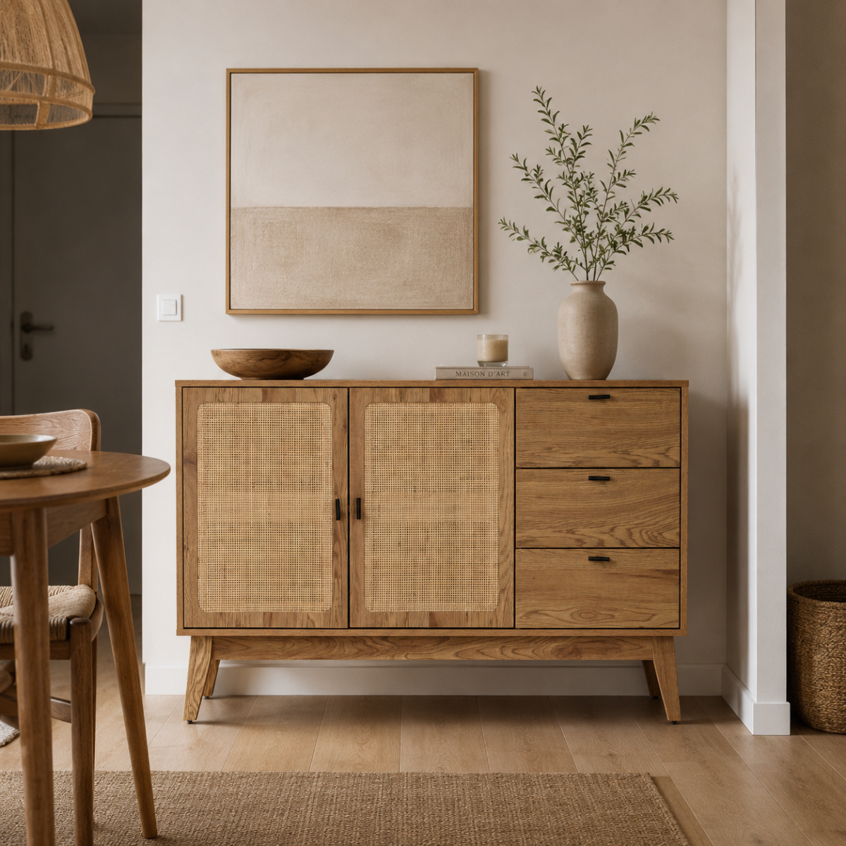 Buffet 2 portes et 3 tiroirs rotin - ALIA bois clair, CALICOSY