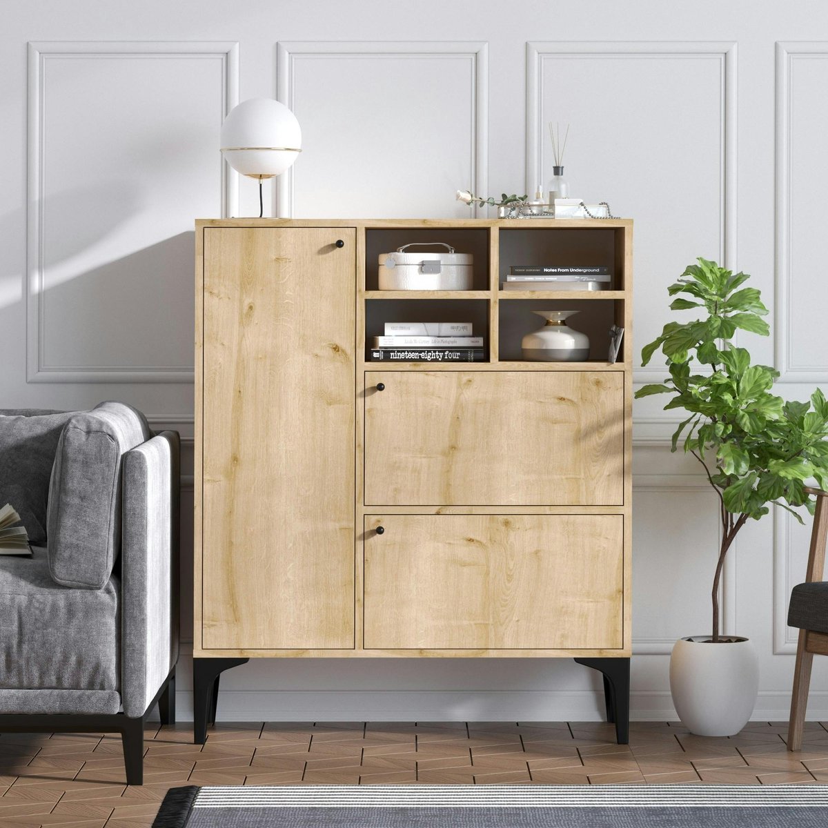 Buffet haut moderne effet chêne - 4 niches JENA bois naturel, PIER IMPORT