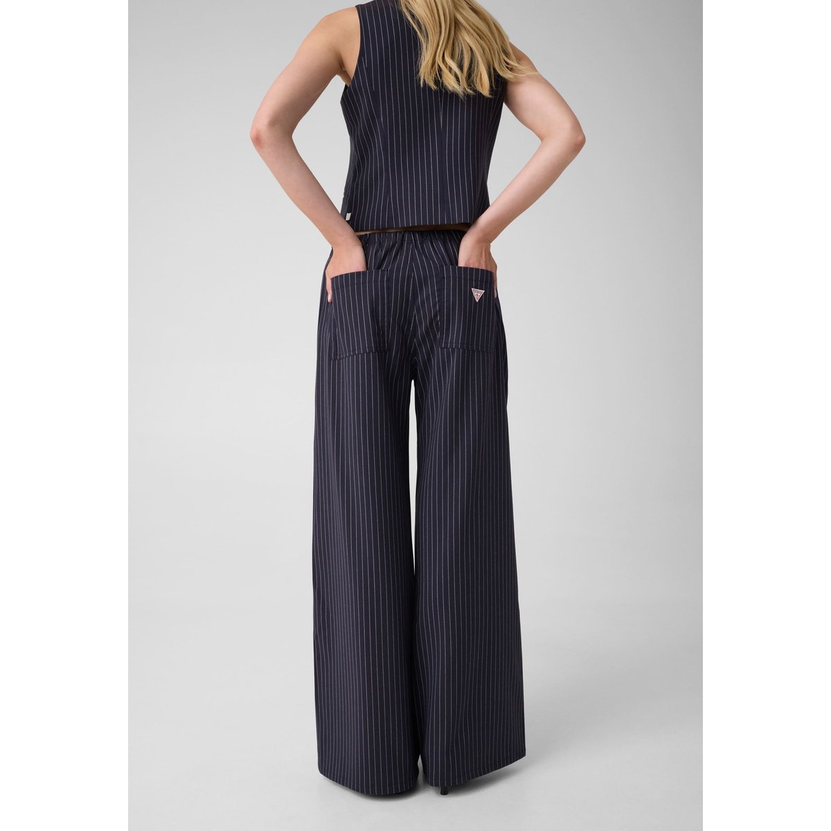 Pantalon À Fines Rayures Wide-Leg bleu foncé, GUESS
