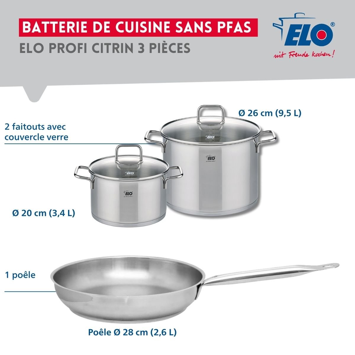 Batterie 1 poêle 28cm + 2 faitouts 20/26cm PROFI CITRIN inox, ELO