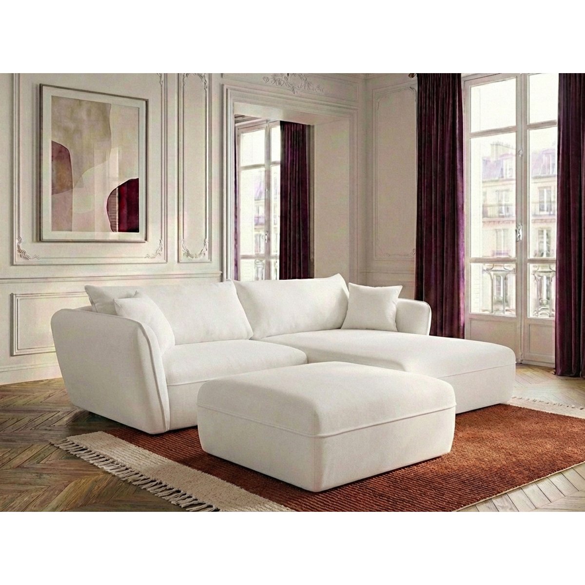 Canapé d'angle fixe 3 places en tissu texturé avec pouf, LUIGI blanc, BOBOCHIC