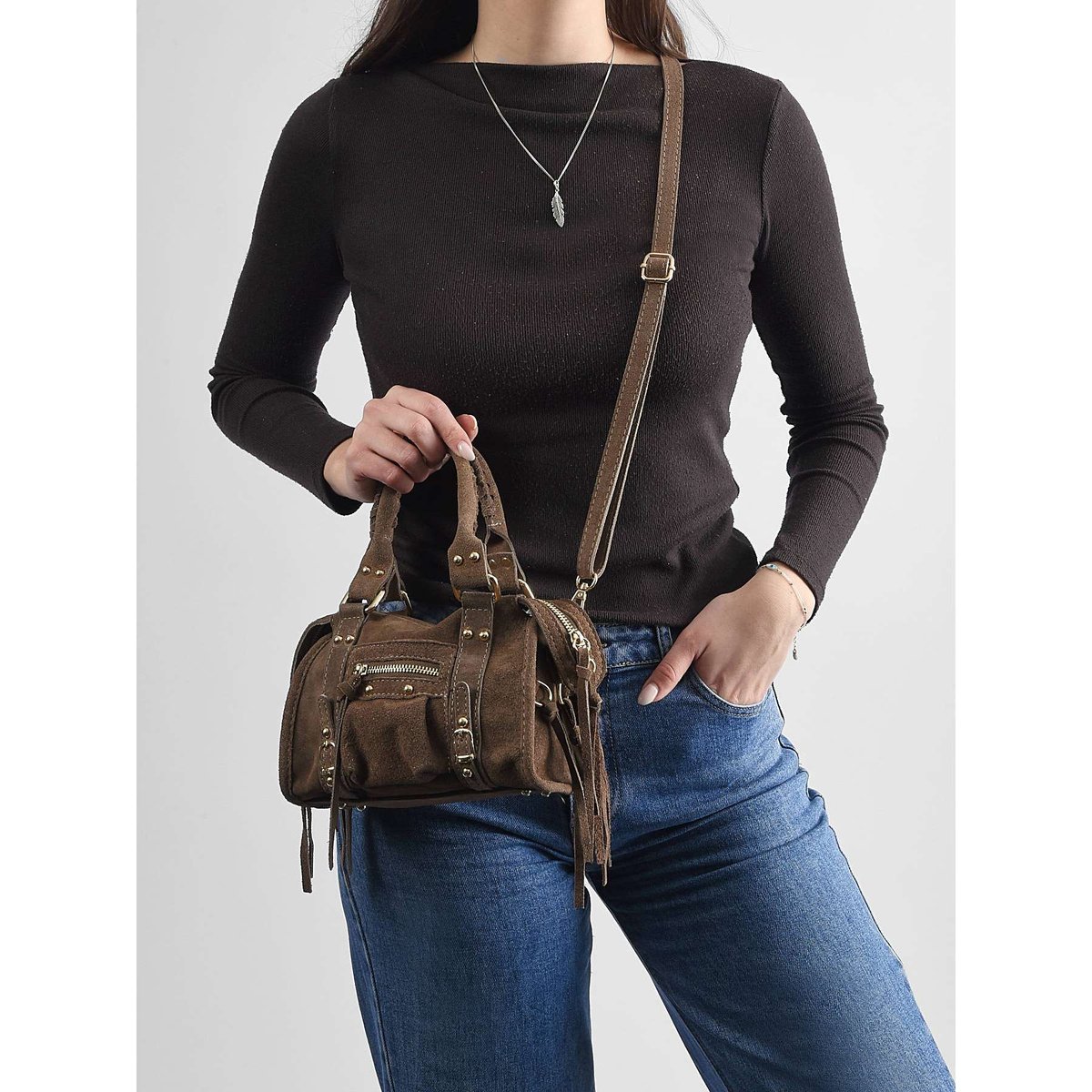 Sac bandoulière Velvet cuir taupe, MILANO