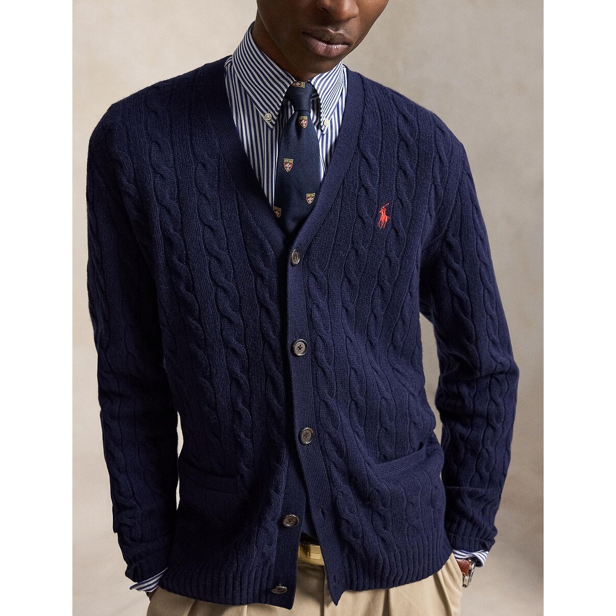 Cardigan boutonné, en maille torsadée, en laine mélangée bleu marine, POLO RALPH LAUREN