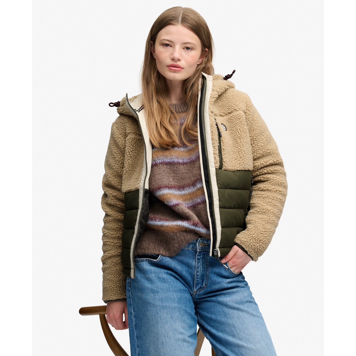 Veste Hybride Matelassée Outdoor Borg poivre blanc chiné, SUPERDRY