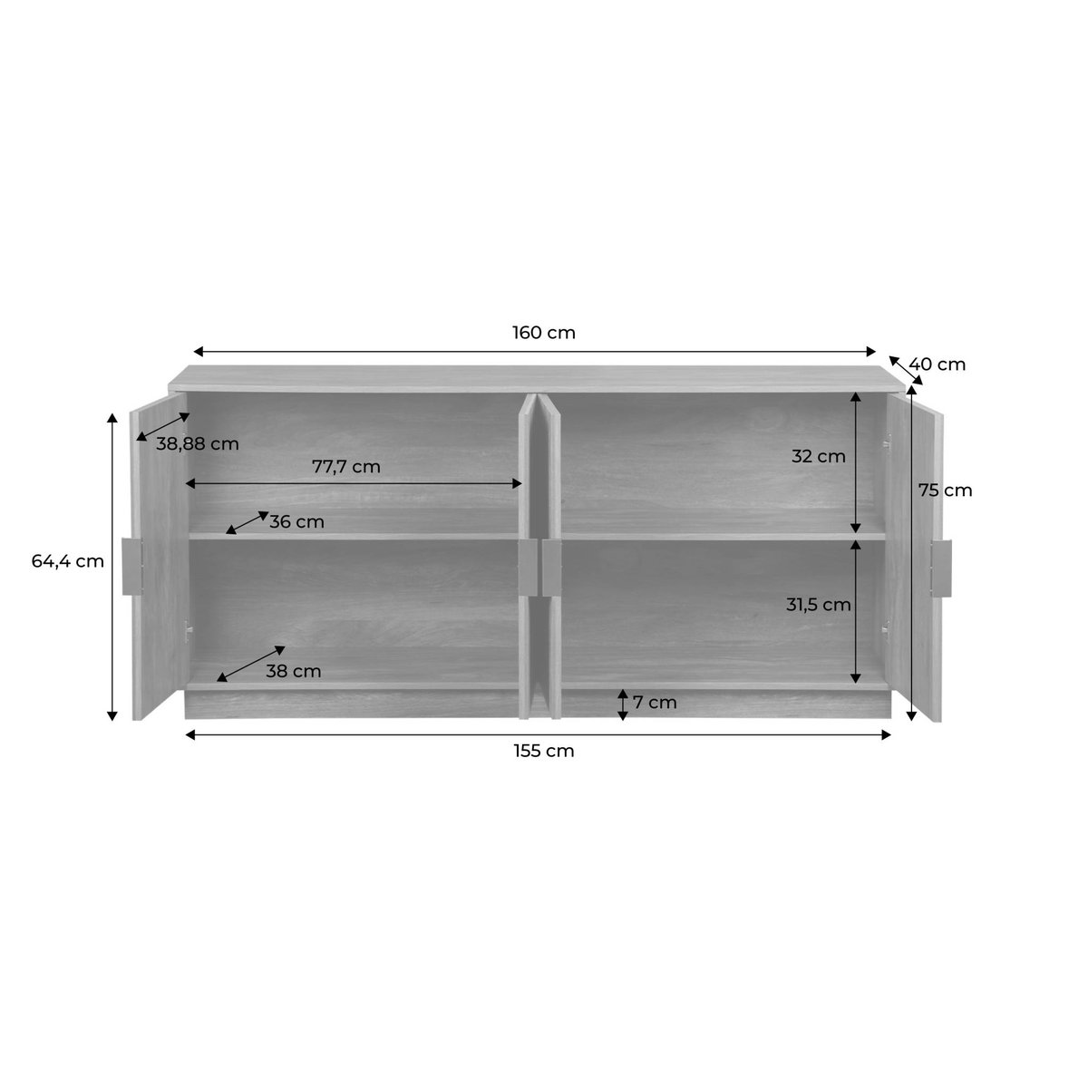 Buffet exotique décor bois de manguier rainuré 4 portes 160cm CELIAN effet manguier, SWEEEK