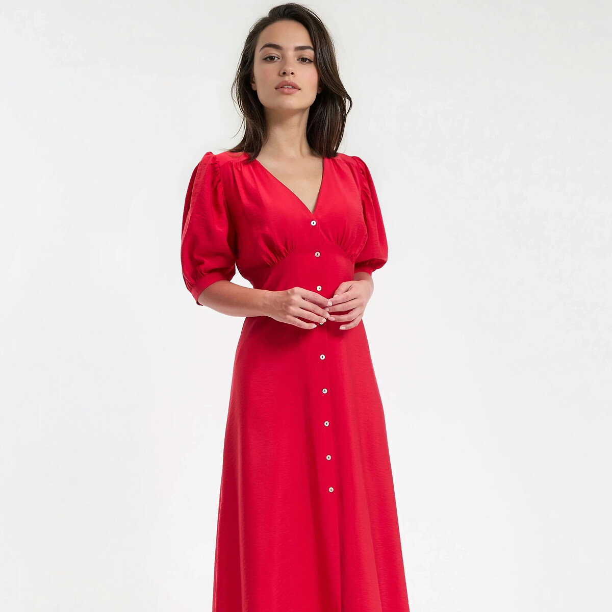 Lange jurk, V-hals, elleboogmouwen rood, LA REDOUTE COLLECTIONS