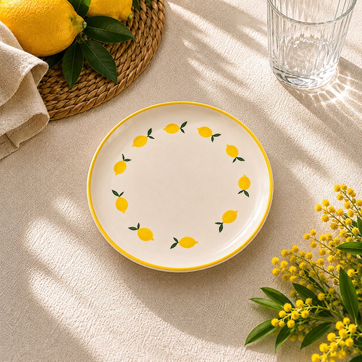 Lot de 6 assiettes à dessert 20cm en grès, CITRON beige et jaune, NOVASTYL
