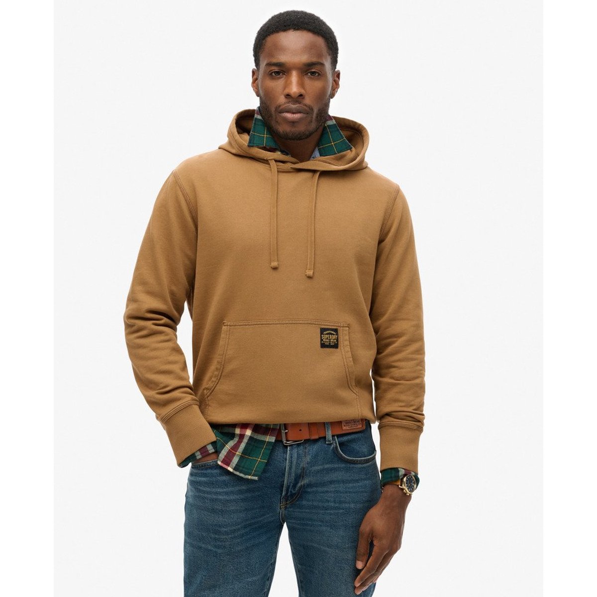 Sweat à capuche décontracté avec surpiqûres contrastées camel brun classique délavé, SUPERDRY