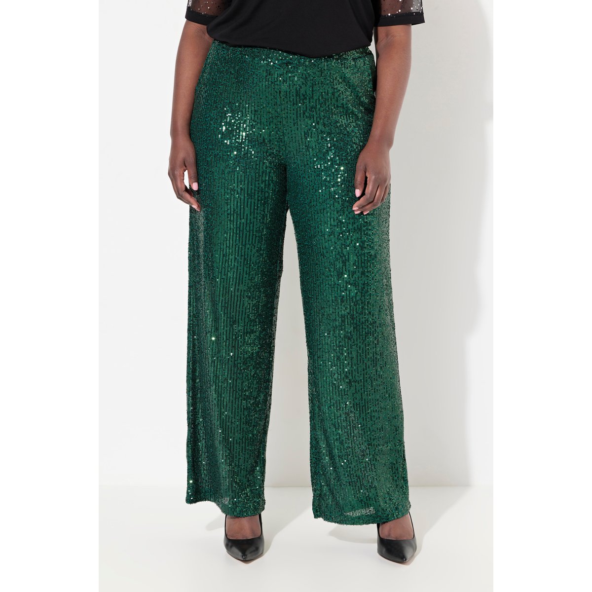 Pantalon à sequins. Taille élastique vert foncé, ULLA POPKEN