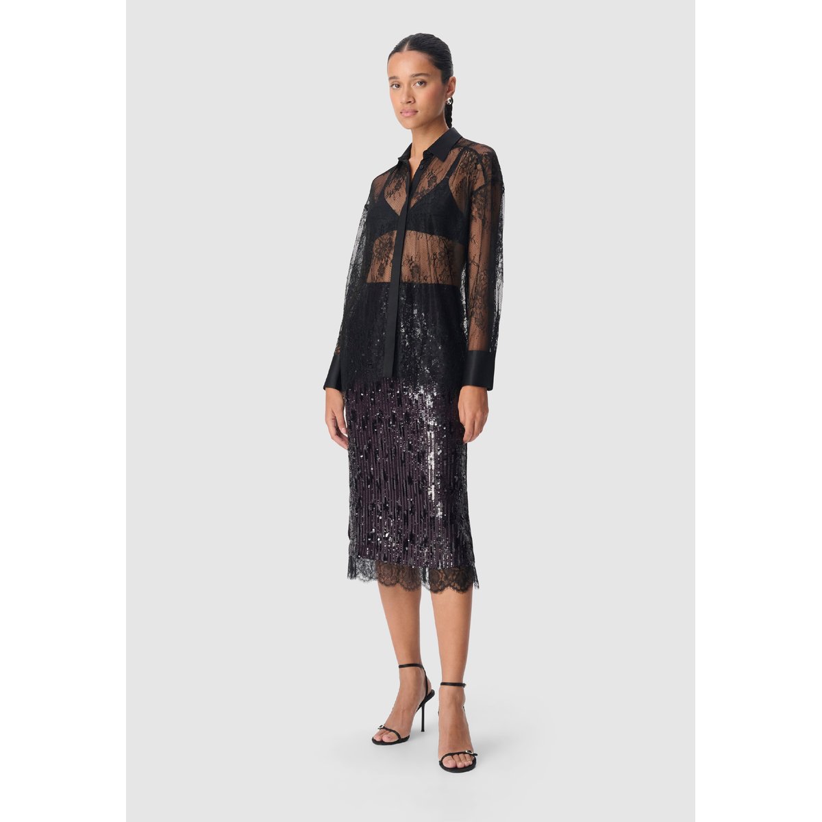 Jupe brodée sequins bande dentelle violet foncé, IKKS