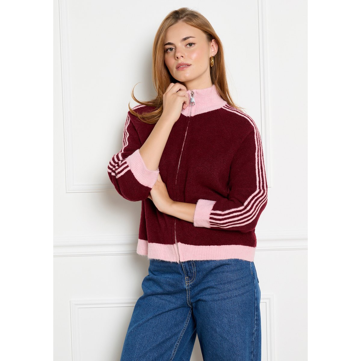 Cardigan zippé à manches raglan bordeau wine, LOLALIZA