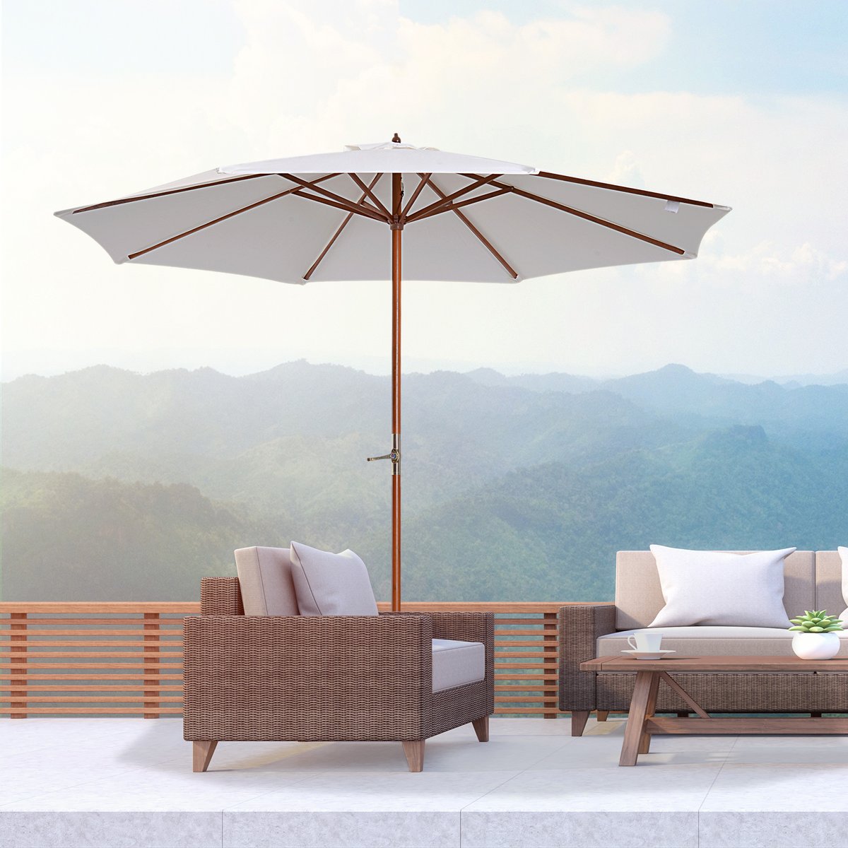 Parasol droit octogonal 2,7 x 2,5 m manivelle bois toile haute densité crème beige, OUTSUNNY