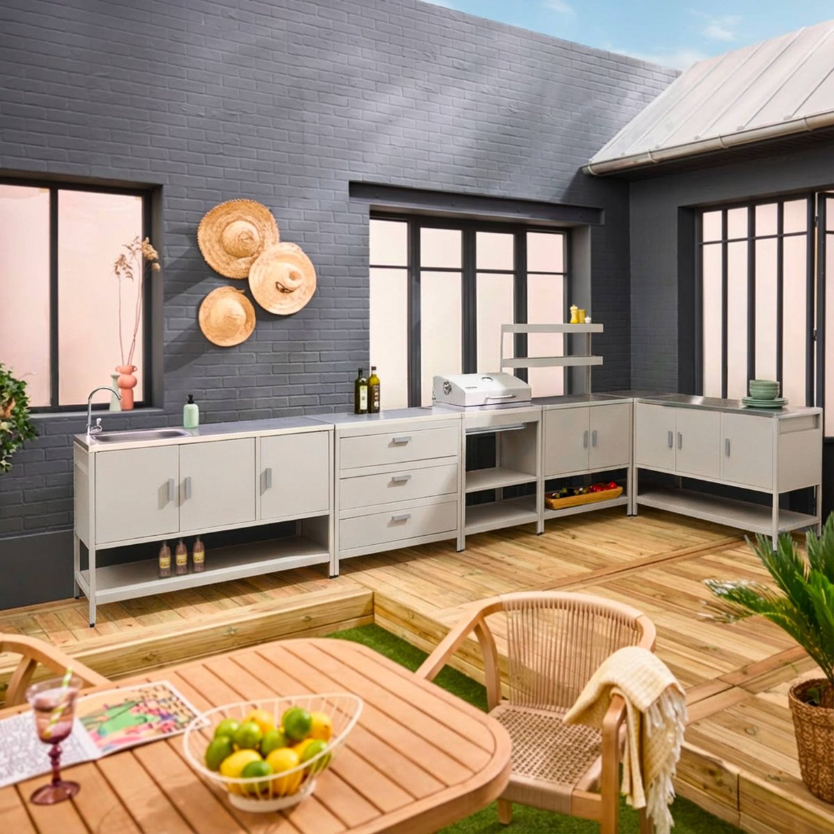 Cuisine d'extérieure 5 modules avec barbecue charbon de bois sur pieds, 2 étagères et thermomètre NAXOS BARBECUE CHARBON + 5 MODULES noir, SWEEEK