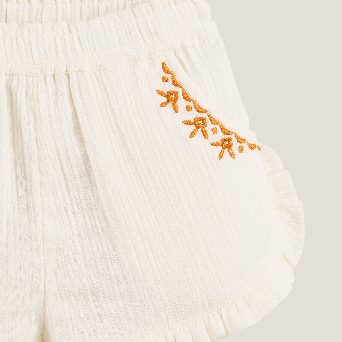 Short brodé et volanté en double gaze de coton ecru, LA REDOUTE COLLECTIONS