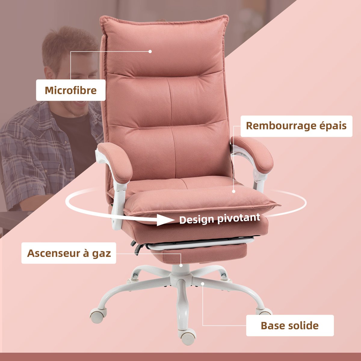 Fauteuil de bureau avec fonction massage rose et blanc, HOMCOM