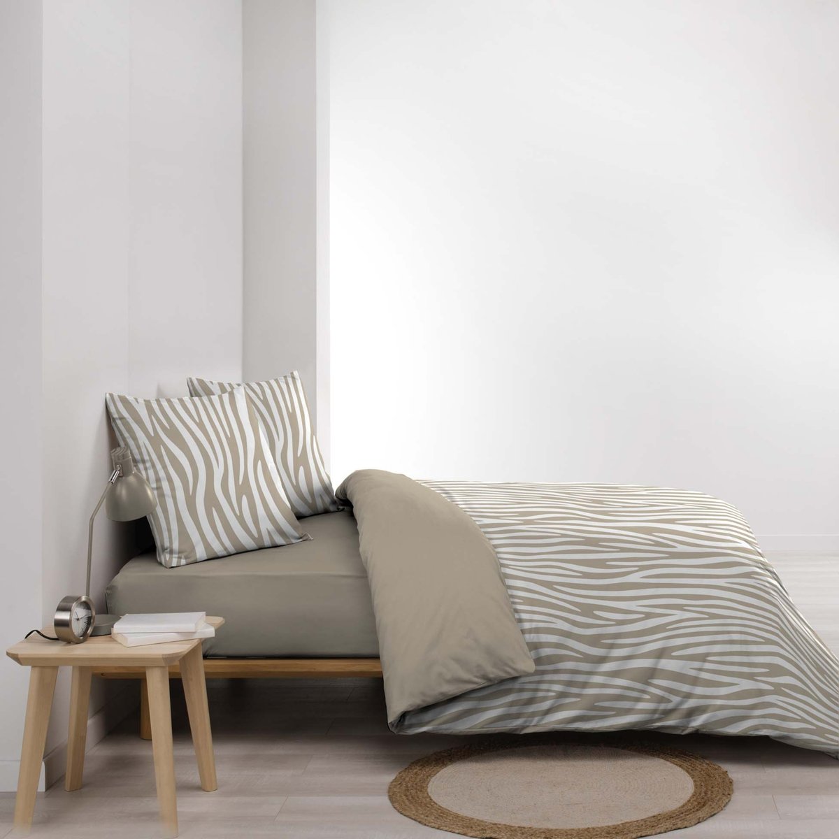 Parure de lit 3 pièces 100 % coton imprimé zèbre housse + taies naturel, DOUCEUR D'INTÉRIEUR