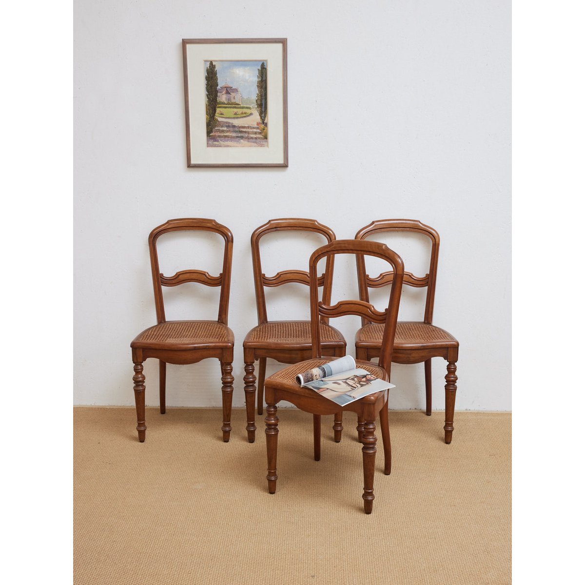 Lot de 4 chaises cannage Claude N°1468 - Bon état bois clair, DEBONGOUT