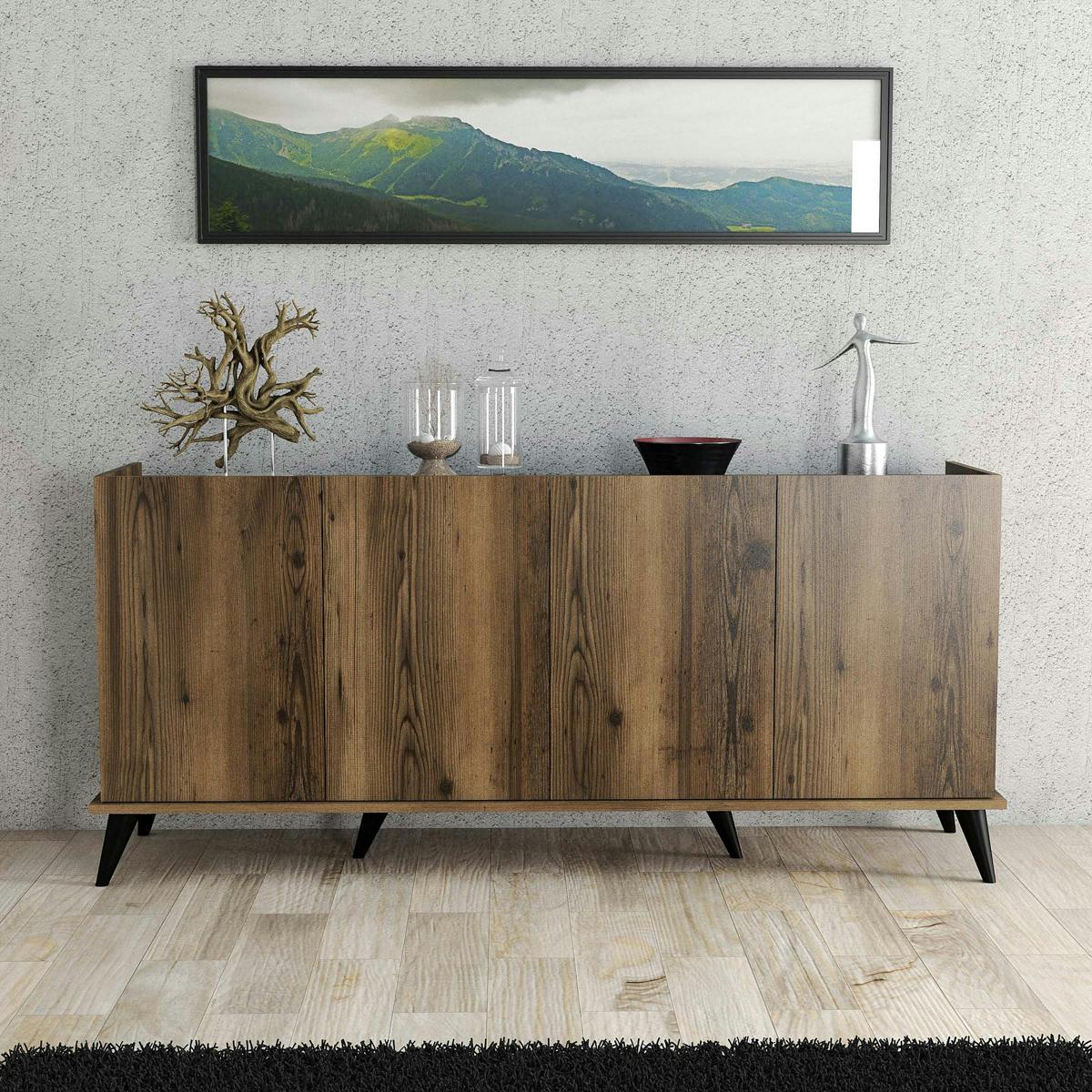 Buffet 4 portes à rebord haut UMEA noyer / marbre, PIER IMPORT
