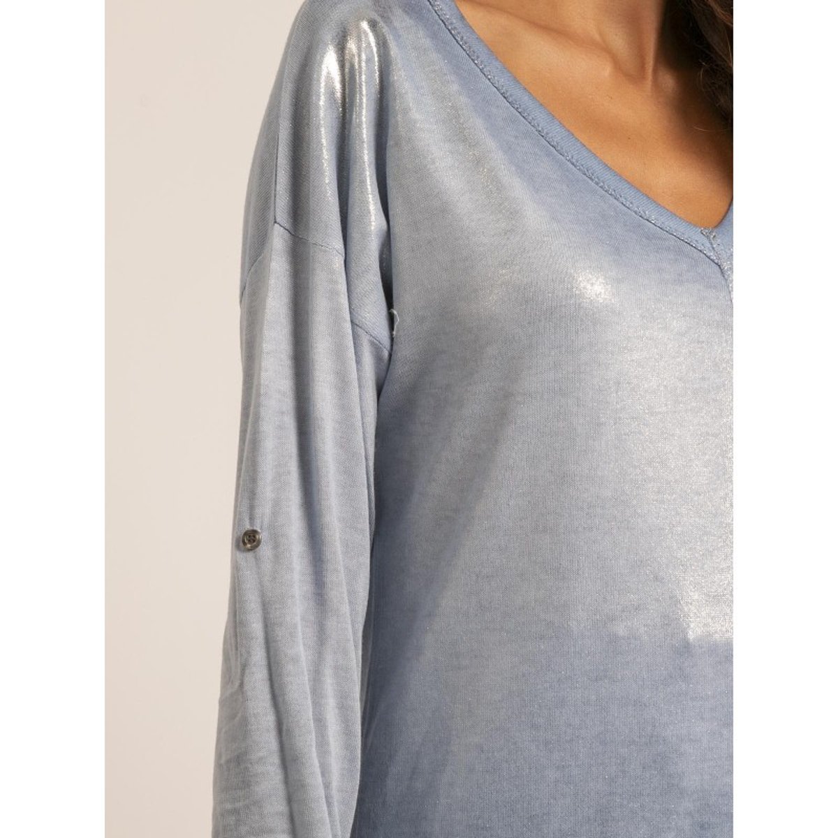 T Shirt Col V Bimatiere Filinie bleu, DONA LISA