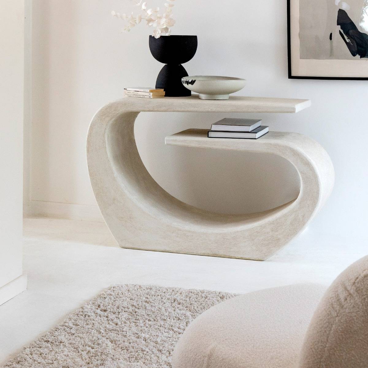 Console en bois effet béton ovale DANAÉ blanc, MADE IN MEUBLES