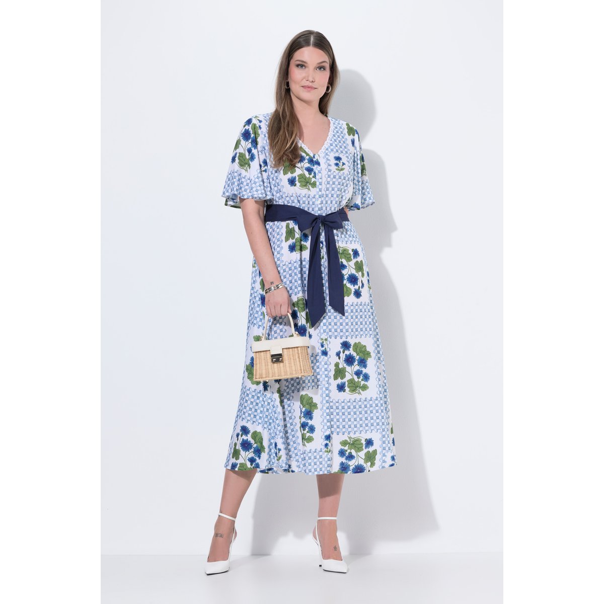 Robe maxi carreaux/fleurs blanc cassé, ULLA POPKEN