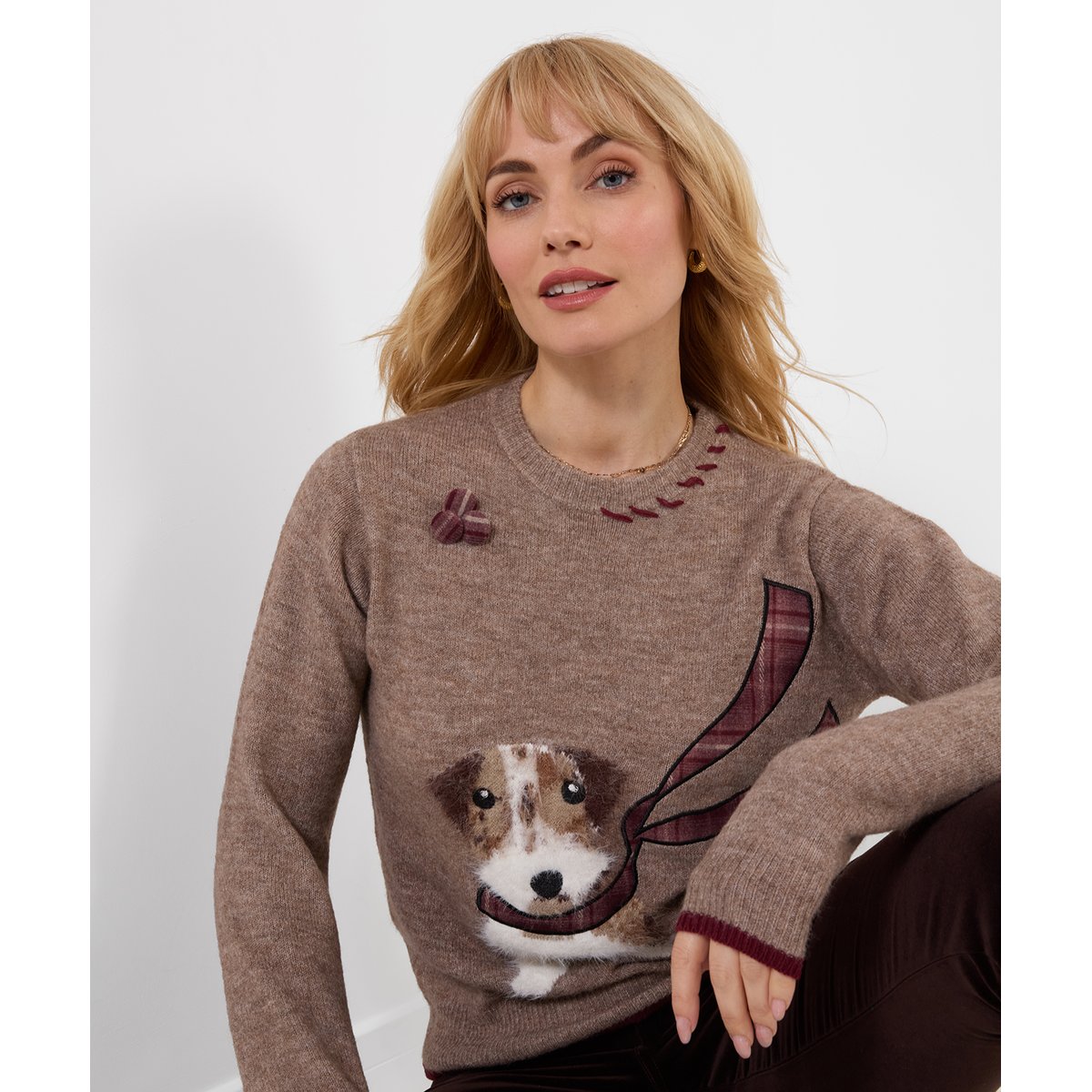 Pull Duveteux Brodé Chien Cooper beige, JOE BROWNS